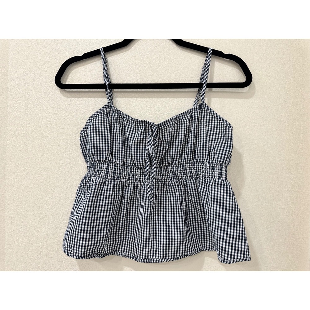 Edikted Navy Blue White Gingham Smocked Peplum Cami Top Women Medium Cotton